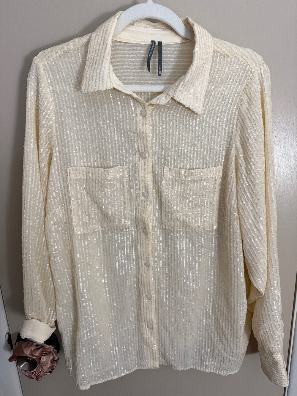 Anthropologie Sequin-Striped Sheer Button-Up Shirt - Cream